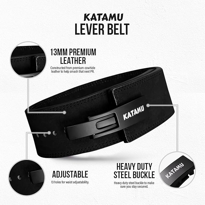 Katamu Premium Leather Lever Weightlifting Belt – Secure Steel Lever, Powerlifting Support for Deadlifts, Squats & Heavy Lifts - Lift More, Look Good