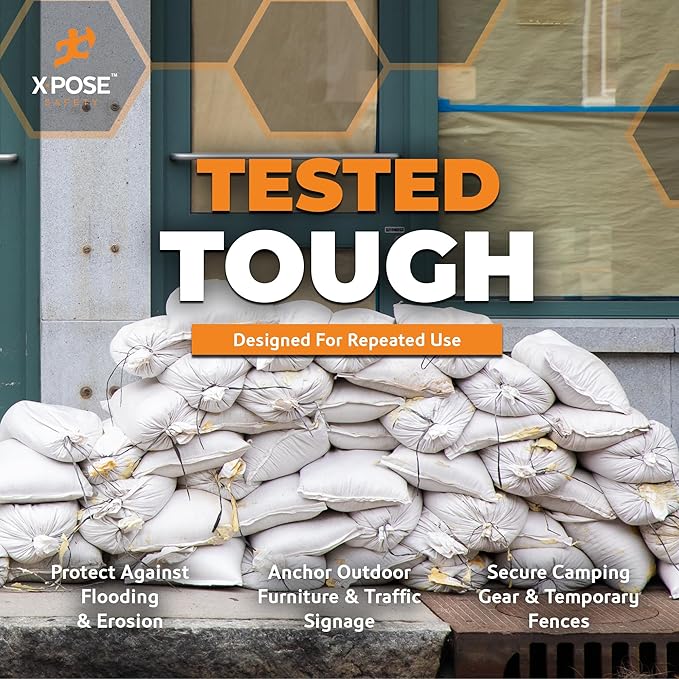 Xpose Safety Heavy Duty Sand Bags with Tie Strings – Empty Woven Polypropylene Sandbags for Hurricane Flood Protection, 100 lb Capacity, 14" x 26", White, Pack of 500