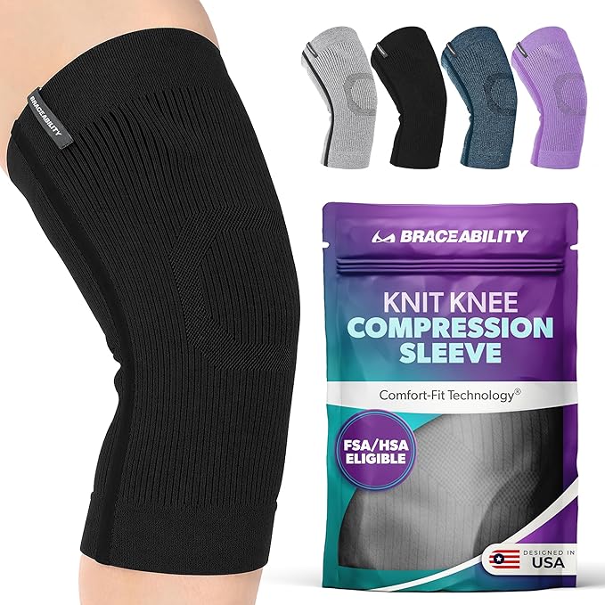 BraceAbility Knee Compression Sleeve - Knit Knee Pain Brace for Men and Women, Arthritis Relief, Meniscus Tear, Running, Workout, Sports, Swelling, Athletic Support for Joint Stability (XS/S Black)