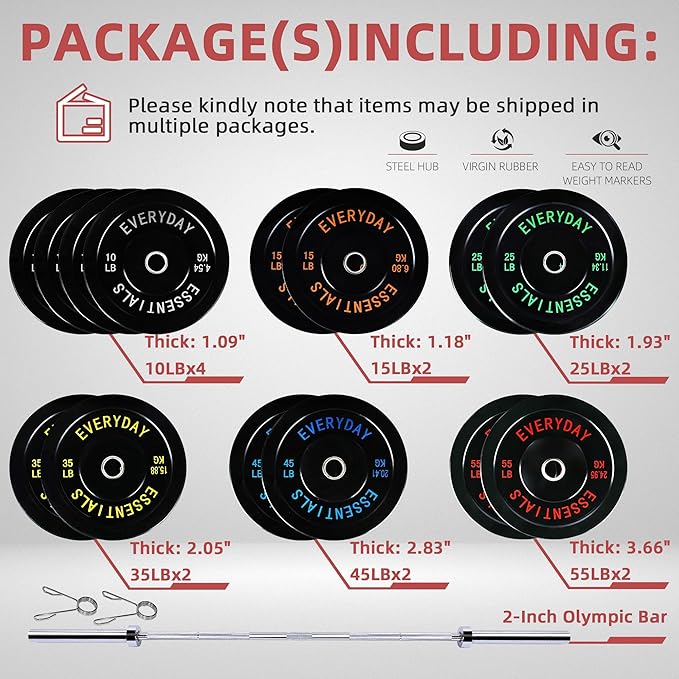 Fitvids 2-Inch Olympic Bumper Plates, Perfect Weight Plates for Weightlifting and Strength Training, Multiple Weights Available