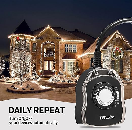 TiFFCOFiO Outdoor Timer Outlet for Lights, 24 Hour Mechanical, Outdoor Light Timer Waterproof, 2 Grounded Outlets for Home and Garden, 15A 1/2HP, Heavy Duty, CSA Listed (4 Pack)