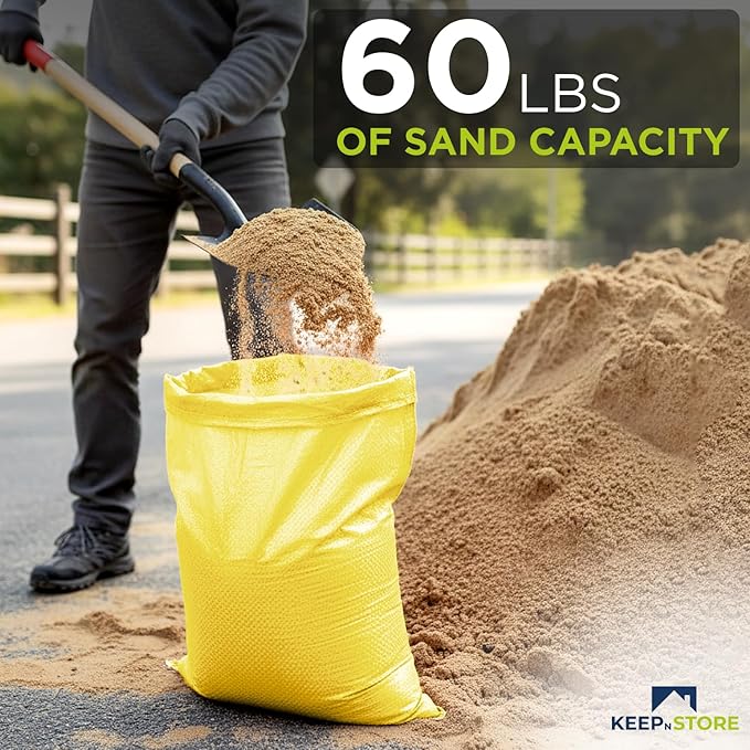 Heavy Duty Sand Bags Pack of 5, Bright Yellow Empty Sandbags with Built-In Ties, Woven Polypropylene UV Protection 1600 Hours, Fillable Bags for Flood Control, Weight, 18x24 inches, 60 Pounds Volume