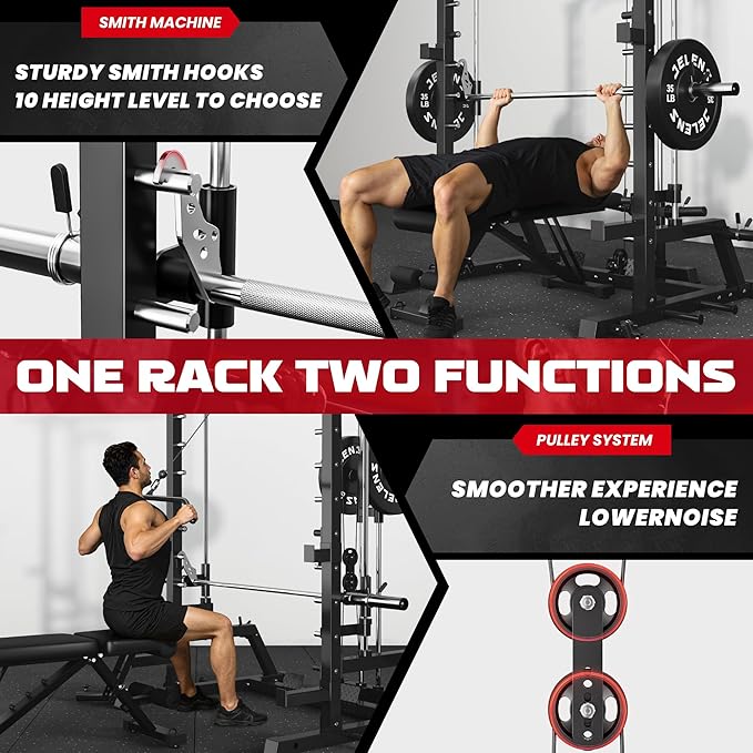 JELENS SR01 Smith Machine, 2000LBS Multi-Function Power Cage with LAT Pulldown System, All-in-One Home Gym Squat Rack with Smith Bar and Training Attachments for Full Body Workouts