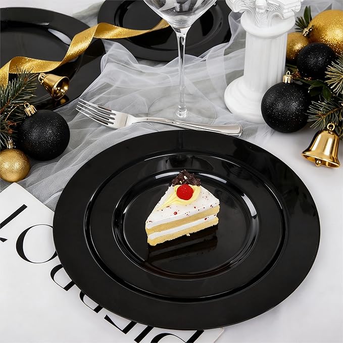 FLOWERCAT 60PCS Black Plastic Plates - Heavy Duty Black Disposable Plates for 30 guests Halloween Party/Wedding/New Year - Include 30PCS 10.25inch Dinner Plates and 30PCS 7.5inch Dessert Plates
