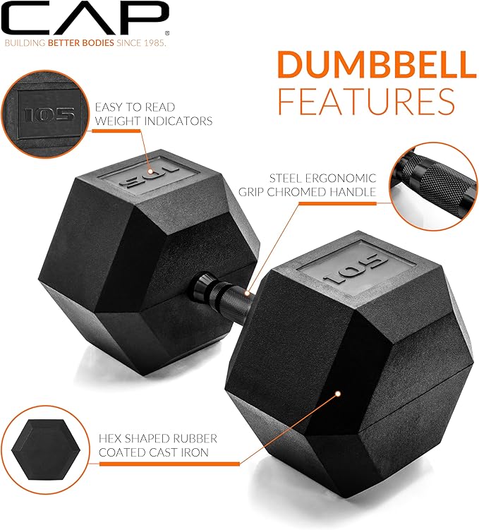 CAP Barbell Coated Hex Dumbbell Weight - Single | 10-120 lbs | Multiple Options