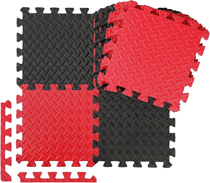 Ecally 200 Pcs 12 x 12 Gym Mat Foam Floor Mats for Home Gym Covers 96 Sq Ft Puzzle Exercise Square Interlocking Carpet Tiles with Border for Workouts Equipment Yoga Pilates (Black,Red)