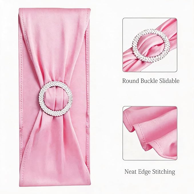 100PCS Stretch Wedding Pink Chair Sashes Bands with Buckle Slider Sashes Bow Decorations 25 Colors (Pink)