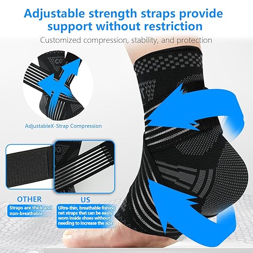 DRNAIETY Copper Ankle Brace for Men & Women - 1 Pair Adjustable Ankle Support Compression Sleeve for Plantar Fasciitis, Achilles Tendonitis, Foot Pain, Swelling, Sprains - Everyday Use (Black, Medium)