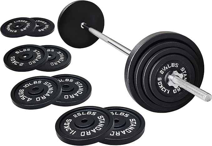 Fitvids Barbell Weight Set, Cast Iron 1" Standard Weight Plates Including 5FT Standard Barbell Bar & Star Locks, 95 Pounds Set (85 Lbs Plates + 10 Lbs Barbell Bar), Multiple Packages
