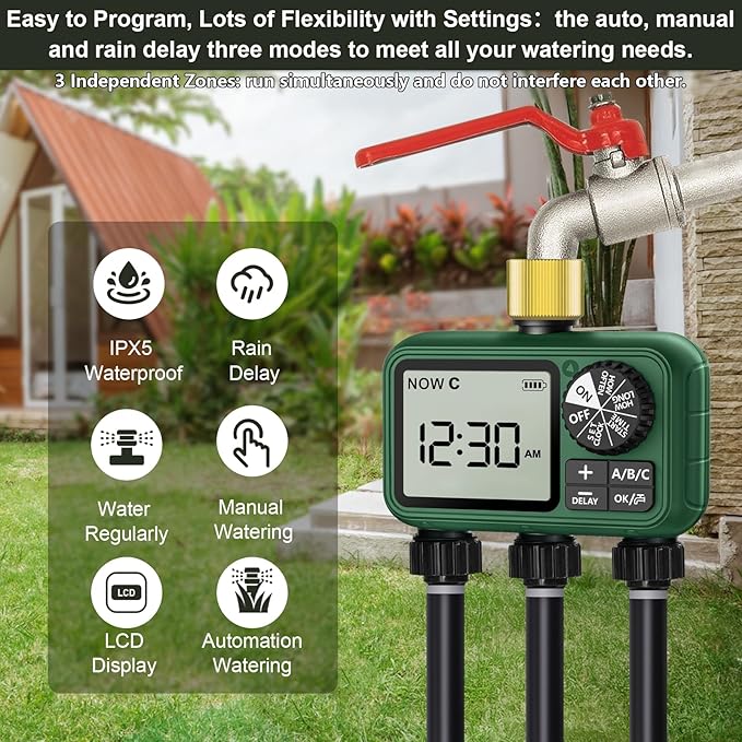 Water Timer for Outdoor Garden Hose, Sprinkler Timer for Garden Faucet with Auto/Manual/Rain Delay Mode, Sprinkler Irrigation Controller for Yard Lawn (3 Zones Brass Inlet)