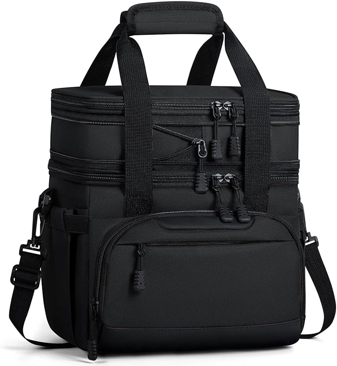 Large Lunch Box for Men Work - 24 Can Expandable Insulated Lunch Bag Double Deck, Heavy Duty Leakproof Cooler Bag with Shoulder Strap for Construction Office Outdoor, Black 14L
