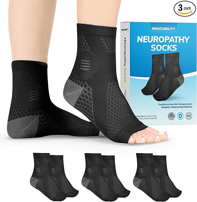 BraceAbility Neuropathy Socks (3 Pairs) - Multipack Peripheral Compression Diabetic Toeless Foot Sleeves for Nerve Damage in Feet, Ankle Gout, Plantar Fasciitis Relief for Men and Women (L - Black)