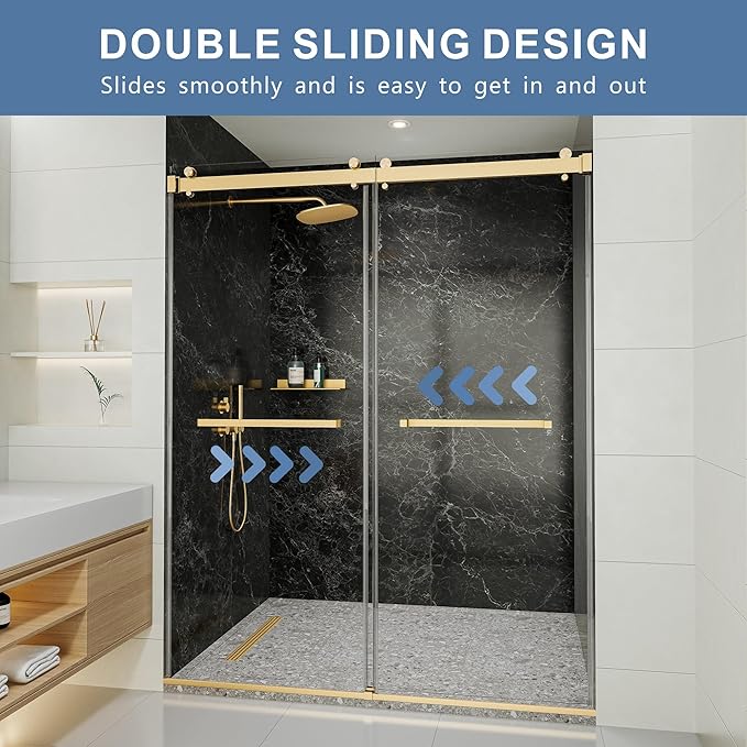 56-60" W x 72" H Frameless Shower Door, Double Sliding Glass Shower Door with 5/16" (8mm) Clear SGCC Tempered, Roller Disc System, 304 Stainless Steel (Brushed Gold, 56-60" W*72" H)