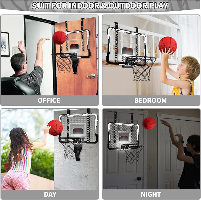 QDRAGON Indoor Basketball Hoop for Kids, Over The Door Mini Basketball Hoops with 7 LED Lighting, Basketball Toys Gifts for 5 6 7 8 9 10 11 12 Year Old Boys Girls Teens, White