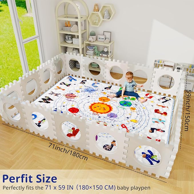 Solar System Baby Gyms Playmats for Playpen 71"×59" Giant Space Rug Planets, ABC Alphabet Learning Mat for Toddlers Thicken Soft Padding Foam Playmats Crawling Mat Kid Play Mats Pad