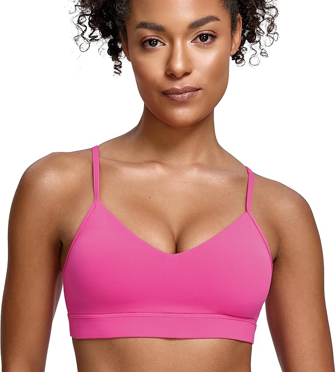 Oalka V Neck Sports Bra for Women Adjustable Padded Thin Straps Wireless Yoga Bras