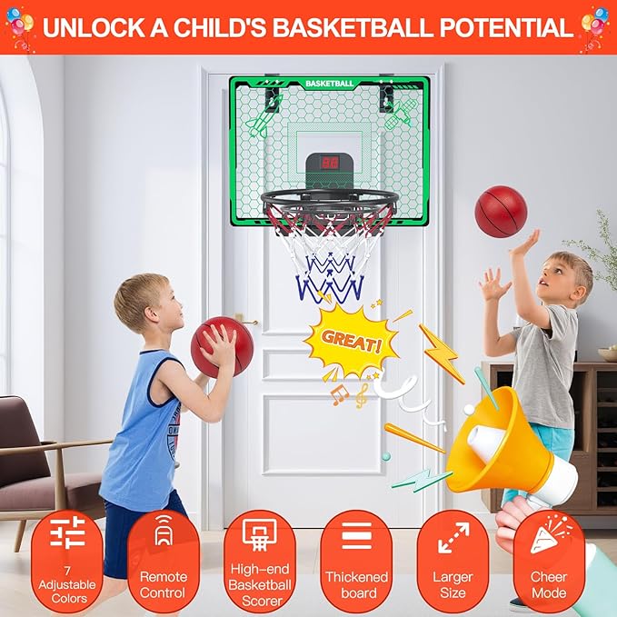 Awsoo Indoor Basketball Hoop for Kids, Mini Basketball Hoop with Electronic Scoreboard & LED, Over The Door Basketball Hoop with 4 Balls, Slam Dunk Basketball Toy for Boys Girls Age 3-12 (Green)