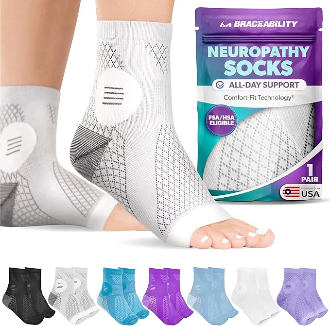 BraceAbility Neuropathy Socks (Pair) - Peripheral Neuritis Compression Diabetic Toeless Foot Sleeves for Nerve Damage Pain in Feet, Ankle Gout, Plantar Fasciitis Relief Brace for Men and Women (L - Gray)