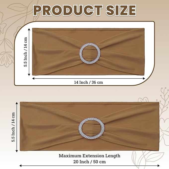 MDS Pack of 50 Spandex Chair Sashes Bow Premium Stretch Chair Cover Band with Buckle Slider Universal fits Elastic Dining Chair Ties for Wedding Party Banquet Events Decoration - Mocha