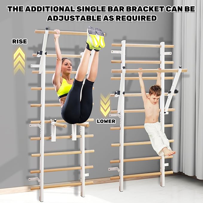 PreGymnastic Stall Bars, Swedish Ladder for Adult and Kids, Wall Bar with Wood Rods, Durable Steel Frame, Adjustable Pull Up and Dip for Strength, Flexibility at Home Gym, Studio