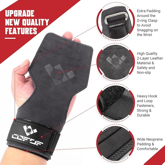 COFOF Weight Lifting Wrist Strap, Double Layer Leather Wrist Strap for Deadlift and Powerlifting, Adjustable Neoprene Padded Gym Workout Lifting Hooks (Pair)