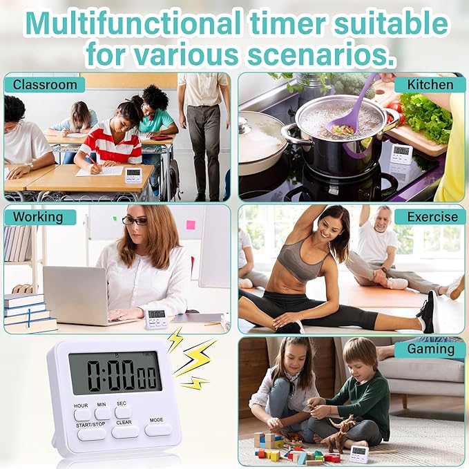 Leumoi 2 Pcs Digital Kitchen Timer 24 Hour Clock and Alarm Function Timer On/Off Switch Minute Second Count up Countdown Loud Alarm for Exercise Cook Baking(White)