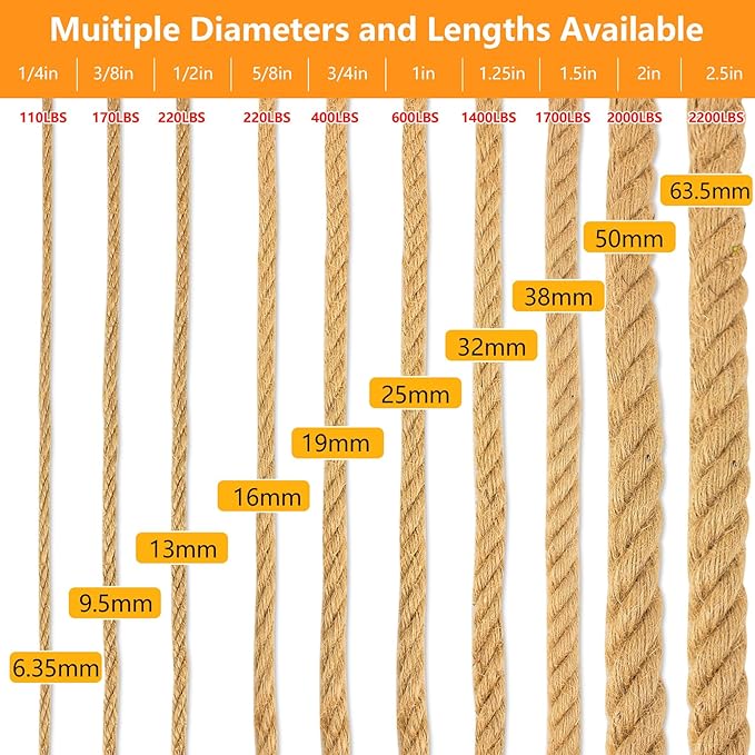 Manila Rope 5/8 Inch X 200 Ft, Hemp Rope 4 Strand Twisted, Natural Thick for Crafts Large Heavy Duty Multipurpose for Swing Bed, Camping, Tug of War, Docks, DIY Projects
