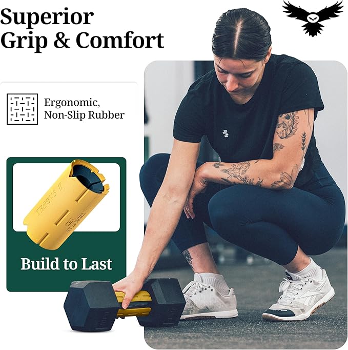 Tribus - Thick Grips for Dumbbells and Barbells, 2.05" & 2.44" Thick Dumbbell Grips for Men and Women, Extreme Arm & Forearm Builder Grip Strength, Barbell Grip for Weight Lifting