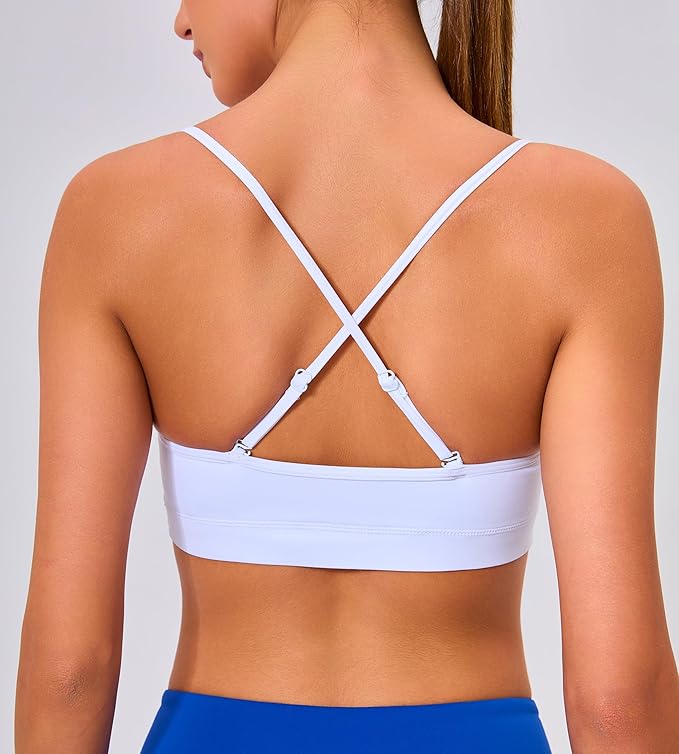 Oalka V Neck Sports Bra for Women Adjustable Padded Thin Straps Wireless Yoga Bras