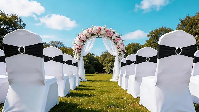 50 Pack Spandex Black Chair Sashes with Buckles for Wedding Chairs Bows Bands for Party Birthday Feast Retirement Banquet Restaurant Outdoor Event Decorations