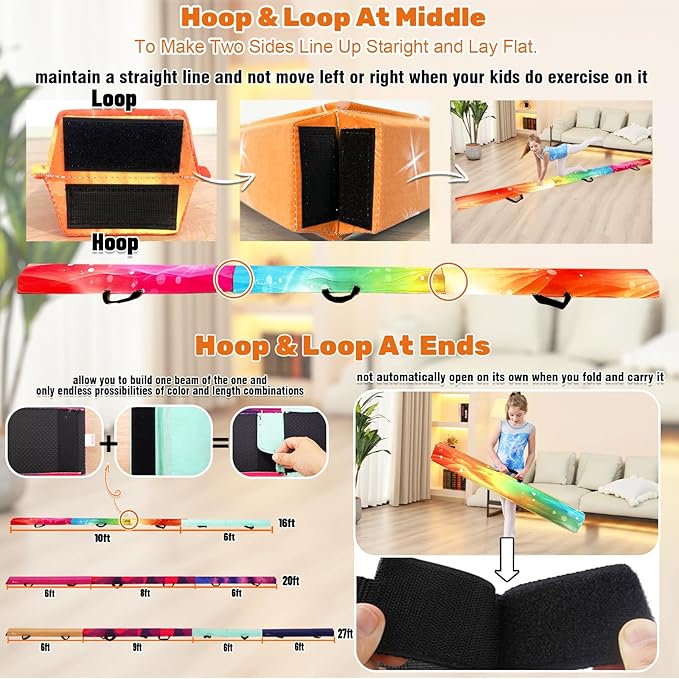 MARFULA 6 FT / 8 FT / 9 FT Folding Gymnastics Beam Foam Balance Floor Beam - Extra Firm - Suede Cover - Anti Slip Bottom with Carry Bag for Kids/Adults Home Use