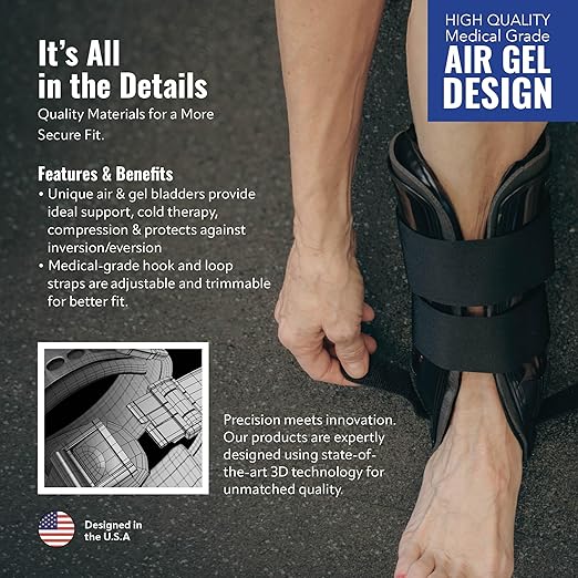 AnklePro Air Cushion Stirrup Ankle Stabilizer Brace - Removable Cold Therapy 3-Strap Rigid Stirrup Ankle Splint w/Gel Pad for Women & Men - Lateral Support for Stability, Black, Small