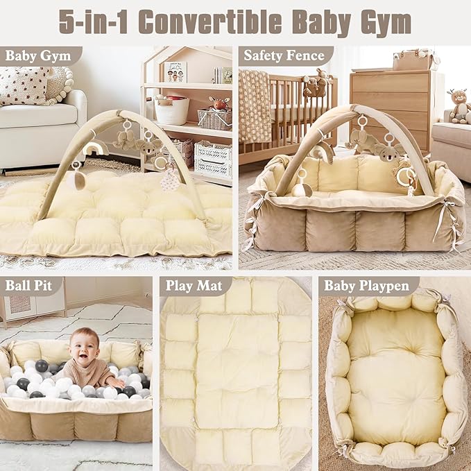 5-in-1 Plush Baby Play Gym, Baby Play Mats, Convertible Baby Gym, Tummy time mat, 6 Sensory Toys, Activity Center, Ball Pit, Cream