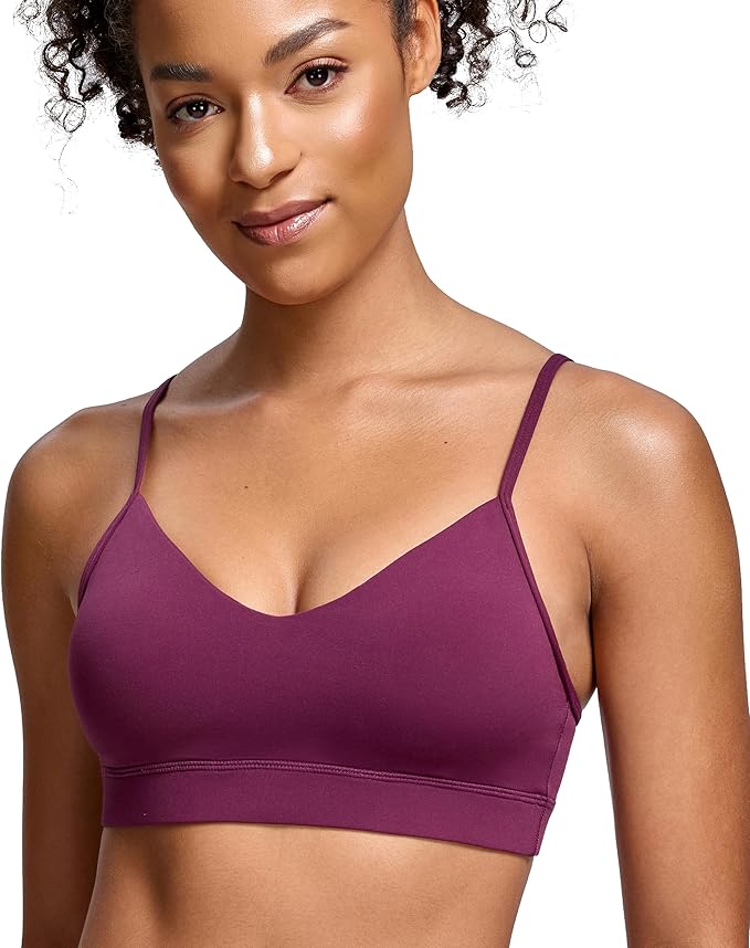 Oalka V Neck Sports Bra for Women Adjustable Padded Thin Straps Wireless Yoga Bras