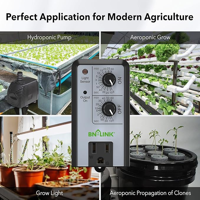 BN-LINK Short Period Repeat Cycle Intermittent Timer, Interval Timer - Day, Night, or 24 Hour Operation, Photocell Light Sensor Dusk to Dawn for Hydroponics Aquaponics Aeroponics