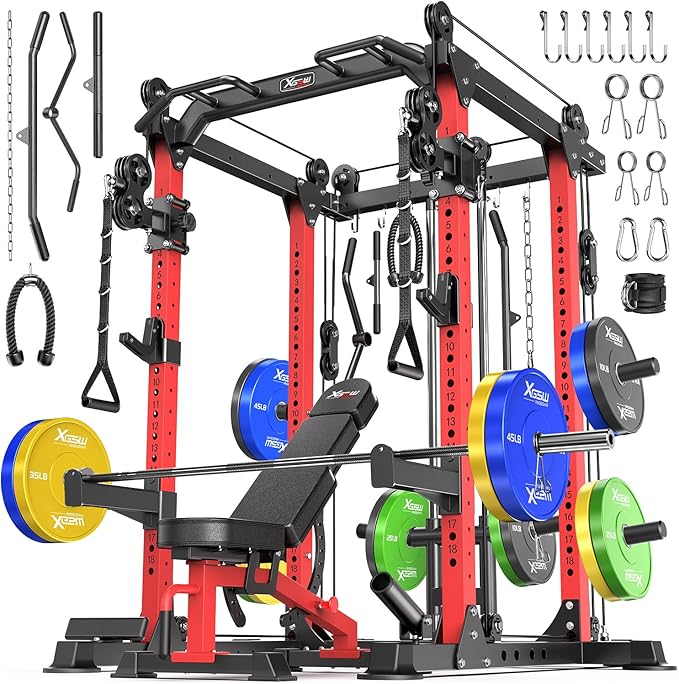 Power Cage Multi-Function Power Rack with Cable Crossover System,1500 LBS Capacity Squat Rack with Weight Bench,for Home Gym