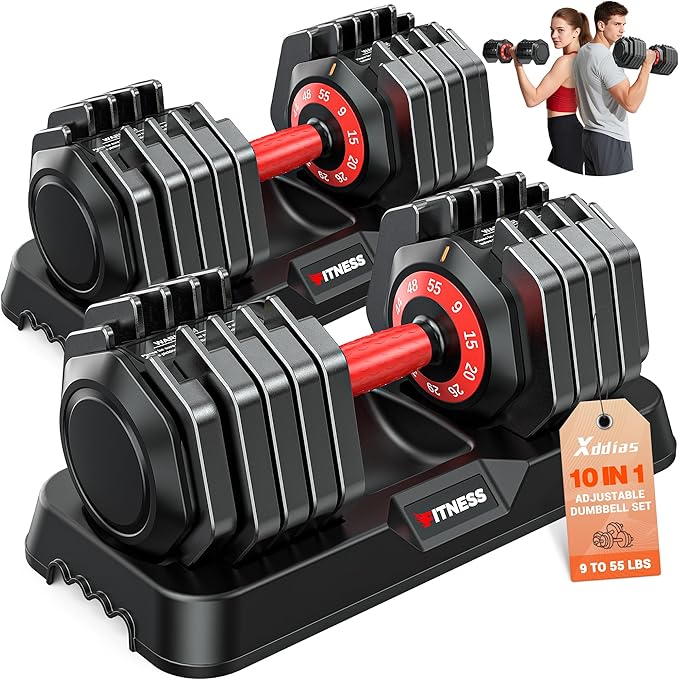XDDIAS Adjustable Dumbbell Set of 2, 25/55/80LB Dumbbell Set-Fast Adjust Weights Set, 5/10/16 in 1 Free Weights Dumbbells Set with Anti-Slip Metal Handle, Compact Size for Men/Women Home Gym Equipment