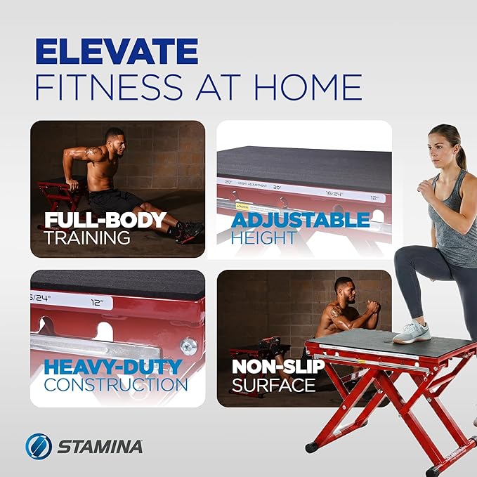 Stamina X 12" to 24" Adjustable Height Plyo Step Up Exercise Box For Home Workout with Access to Muuv, Non-Slip Surface and Workout Guide, Black/Red