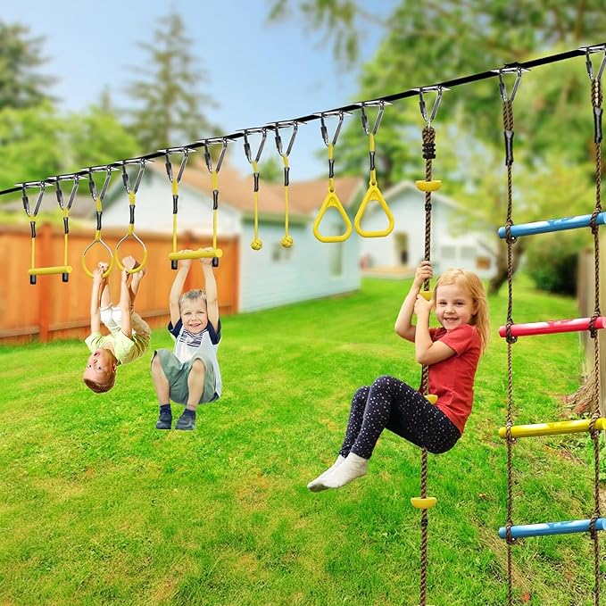Ninja Warrior Obstacle Course for Kids,Fast-Setup Buckles—Up to 880 lbs,2x65ft Slack Lines for Backyard with with 14 Ninja Accessories-Swing Seat,Tree Swing,Rope Ladder,Ninja Ring,Arm Trainer
