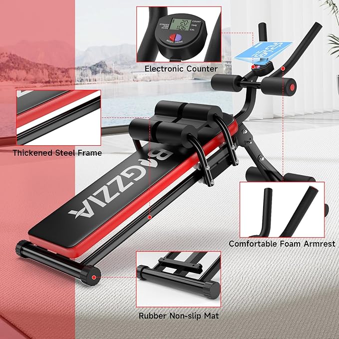 Bigzzia Ab Machine, 5-in-1 Adjustable Ab Workout Bench Core Abdomen Trainer for Stomach Workout, Crunch Machine Exercise Equipment for Home Gym - Sit UP, Push UP, Leg Press, Glider, Roman Chair, 330lbs Capacity