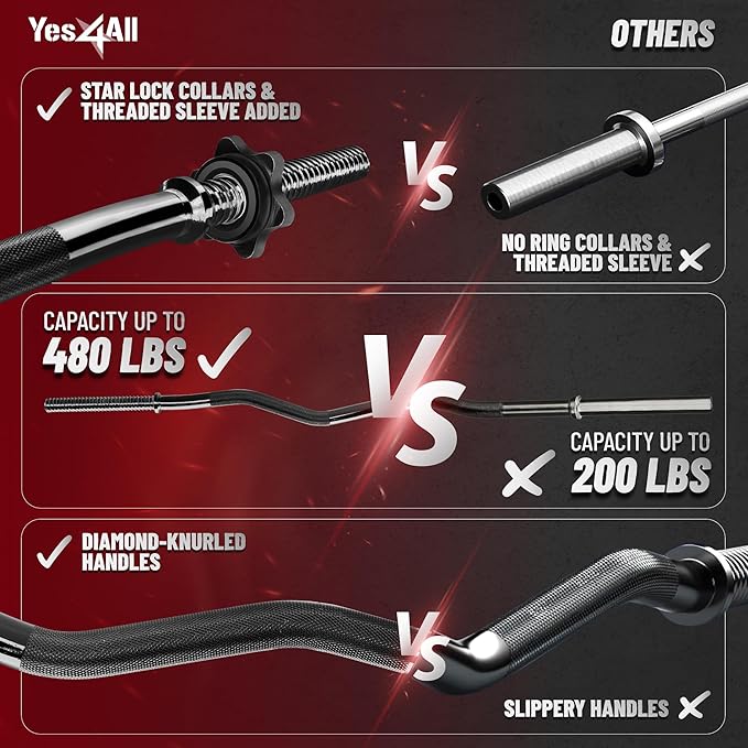 Yes4All Standard Straight Barbell 60" & EZ Curl Bar 47", Capacity 200 to 480 LB, Weight Bar 1" to 2" Diameter - Star Lock Collars, Rubber Ring, Barbell Spins Included for Deadlifts & Squats