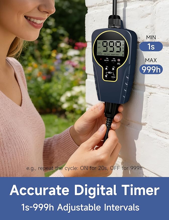Techbee 1 s to 999 h Short/Long On-Off Interval Repeat Cycle Timer Plug Outlet with Countdown and Light Sensor, Waterproof for Outdoor (15A 1HP)