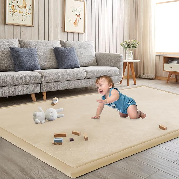 Baby Play Mat for Floor Nursery Rug Muscle Mat Area Rug Playroom Rug Playpen Mat Memory Foam 1.3" Thick Crawling Mat for Babies,Toddlers, Infants, Kids 79"x118",A Beige
