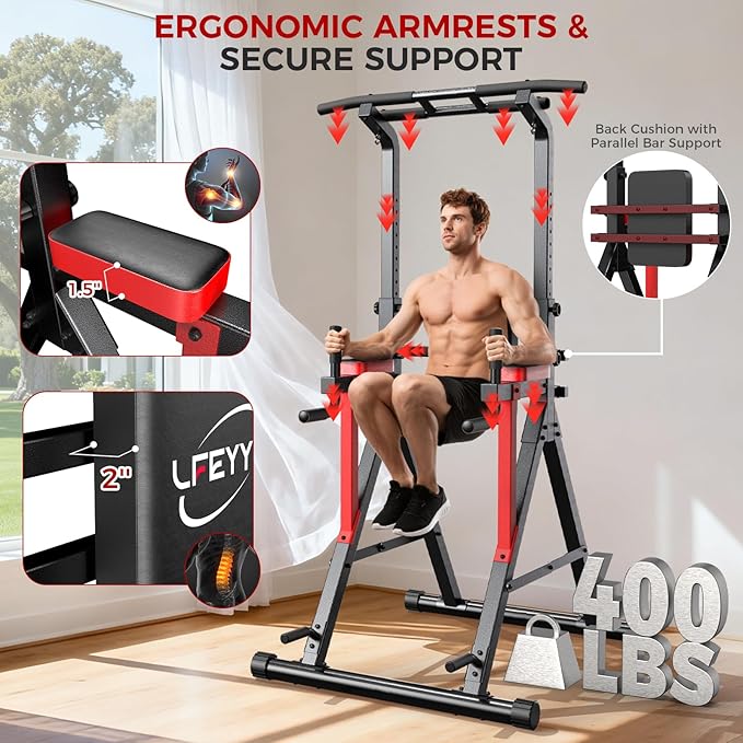 Power Tower Pull Up Bar Free Standing - 13-Level Adjustable Height Dip Station with X-Frame Stability, Multi-Grip Handles, Backrest, Anti-Slip Foot Pads - Home Gym Strength Training Equipment