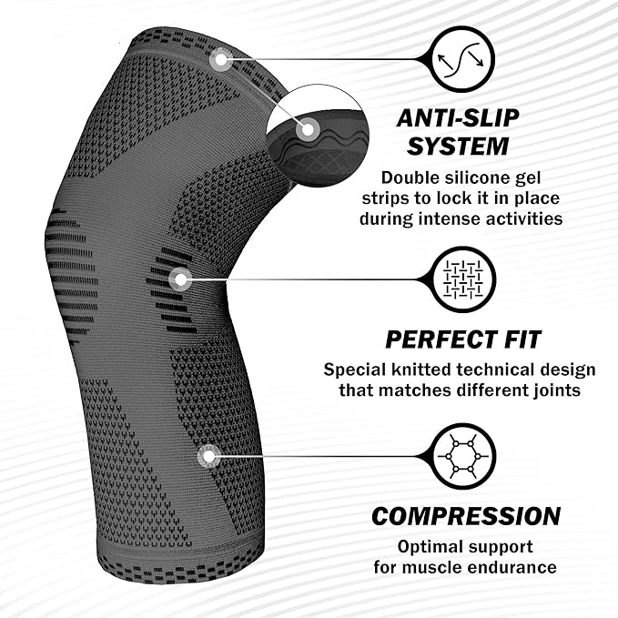 POWERLIX Knee Compression Sleeve - Best Knee Brace for Knee Pain for Men & Women – Knee Support for Running, Basketball, Volleyball, Weightlifting, Gym, Workout, Sports - (Gray L)