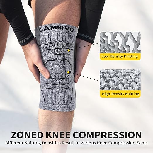 CAMBIVO Knee Brace for Women & Men, 2 Pack Lightweight Latex Free Knee Compression Sleeves with Side Stabilizers for Knee Pain Relief, Running, Walking, Workout & Daily Support (Gray, Small)