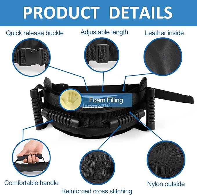 Gait Belt for Seniors, Transfer Belt with 6 Nylon Padded Handles, Medical Belt for Lifting Patients, Safety Gait Belt for Elderly Easy to Use Quick Release Buckle (Black, Short)