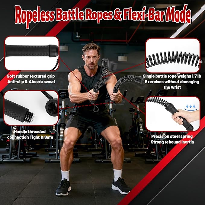 Cordless Battle Ropes (2-Pack) Portable Workout Ropes for HIIT Workouts,Cardio & Muscle Training,Low-Impact Cardio Training,Home Gym Equipment for Men & Women(1.9LB x 2) (1.8LB*2)