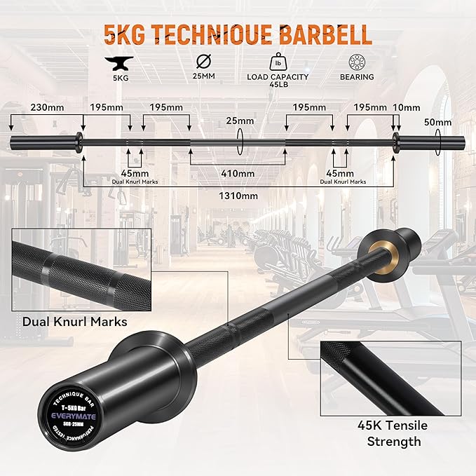 EVERYMATE 5kg Olympic Technique Bar – Lightweight Aluminum Training Barbell for Beginners, Youth & Rehab | 25mm Knurled Grip, 150lb Capacity, Compatible with 2" Weight Plates – Ideal for Form Practice & Cross-Training