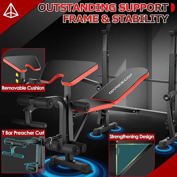 OPPSDECOR 900LBS All in One Weight Bench Set with Squat Rack Adjustable Workout Bench with Leg Developer Preacher Curl Rack Fitness Strength Training Bench for Home Gym